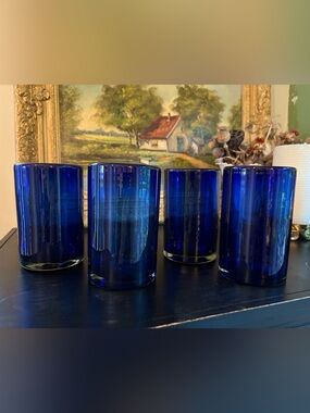 Set of 4 Novica Pure Cobalt Hand Blown Recycled Glass 14 Oz 5” Tall Tumblers